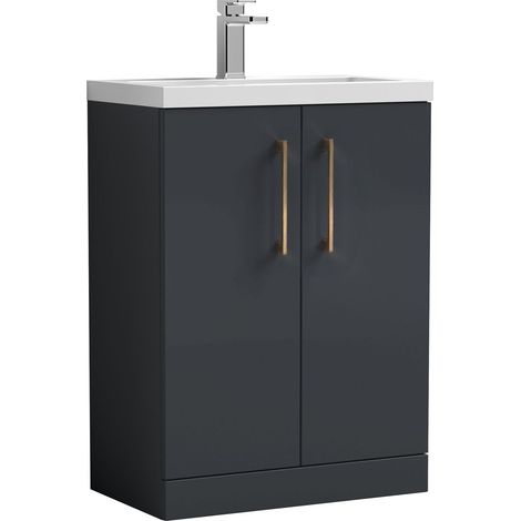 Balterley Bramshall Compact Bathroom Cloakroom Vanity Basin Unit with Polymarble Basin, Copper Handles, 600mm, Satin Dark Grey (1/4)