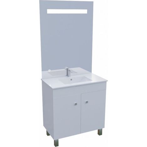 Cuisibane – Meuble de salle de bain 80 cm avec plan simple vasque céramique 81 x 46.5 cm – Miroir LED 80 cm hauteur 105 cm – Blanc brillant - ht105