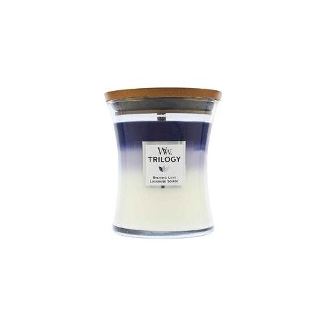 Woodwick Trilogie Soirée Luxe Duftkerze violett weiß 18 cm