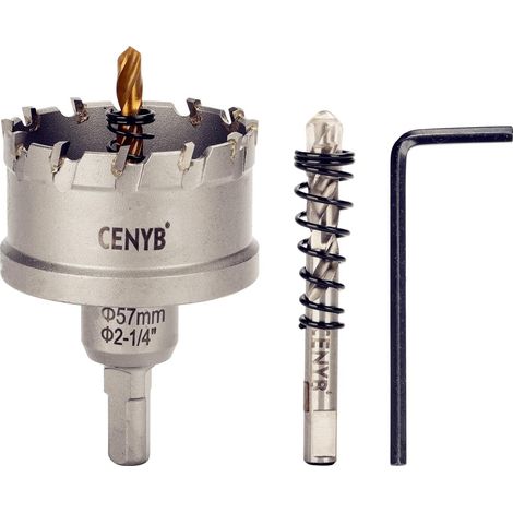 scie cloche metal 2-1/4" (57mm) à pointe en carbure de tungstène, avec 2 forets pilotes titanées - Idéale pour métaux durs, acier inoxydable, fer, alliage d'aluminium, bois et plastique (1/5)