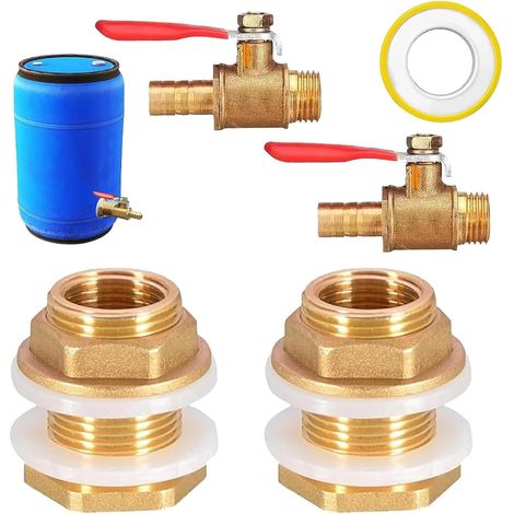 4 Pièces Connecteurs De Réservoir d'eau en Laiton, Filetage Extérieur 3/4" X Filetage Intérieur 1/2" Raccord Citerne Eau De Pluie, avec 2 Boisseau Sphérique 1/2", pour Robinets, Seaux (1/5)
