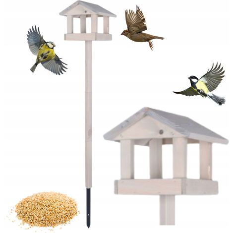 Supporto da tavolo per mangiatoia per uccelli, in legno di pino con venature a vista. (1/5)