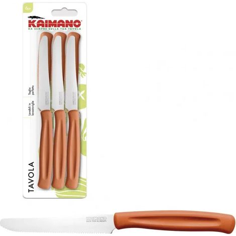 Coltelli da tavola kaimano 6pz lama liscia+dentata punta tonda plastica marrone colore: ruggine
