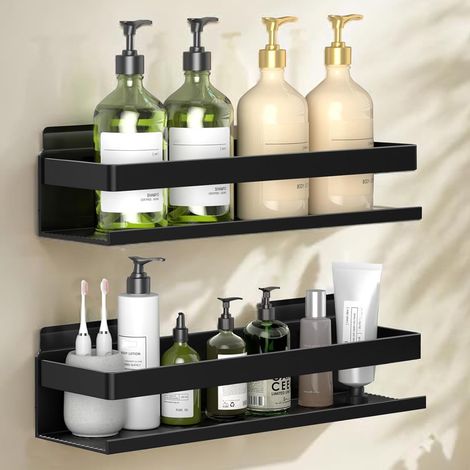 2 Pièces - Étagère Salle De Bain - Accessoire Douche - Rangement Sans Percage Avec Adhésif Ou Vis - Pour Carrelage Verre Bois Peint - Noir - 30x15cm