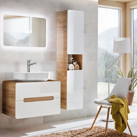 Badmöbel Set in Hochglanz weiß mit Wotan Eiche Nb. LUTON-56 mit Keramik-Aufsatzwaschbecken B/H/T ca. 130/200/46 cm (1/5)