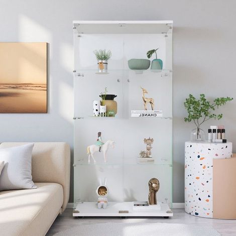 Vetrina in Vetro Temperato - 4 Ripiani - Design Moderno - 2 Porte Scorrevoli - Bianco
