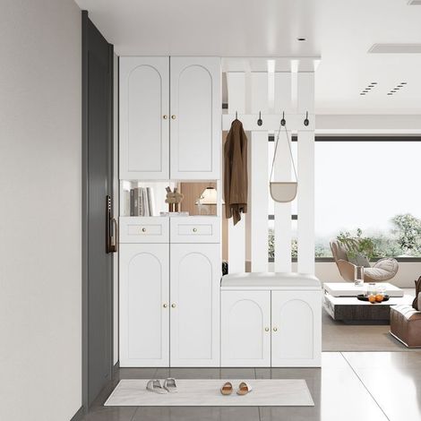 Meuble à chaussures B110×H180×T37cm, 6 portes Armoire à chaussures, 2 tiroirs, banc intégré, 4 crochets, finition blanche (1/5)
