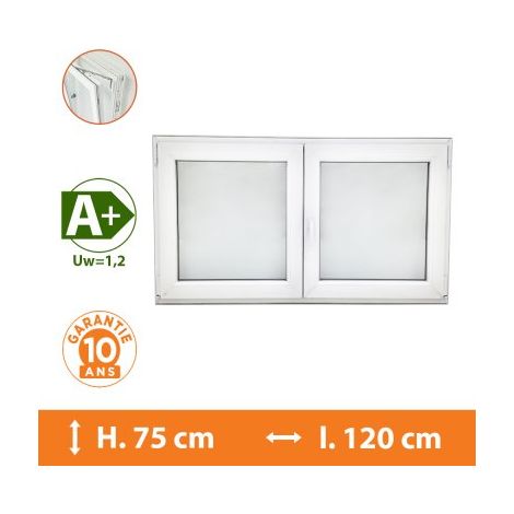 Direct Fenêtres – Fenêtre PVC 2 vantaux blanc H.75 x l.120 cm – Double vitrage 4/16/4 – Isolation thermique Uw = 1,2 – Ouverture oscillo-battante