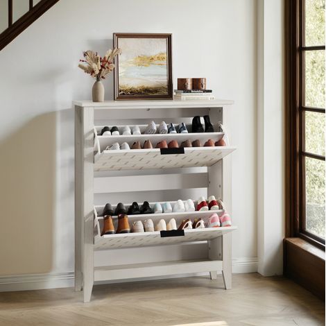 MEUBLIV Meuble à chaussures 80 cm blanc vintage – 2 abattants, rangement d'entrée (1/5)