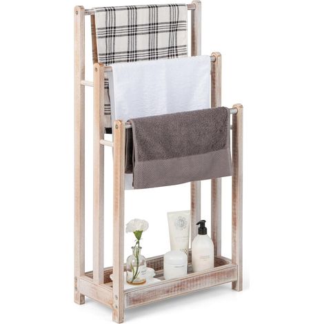GOPLUS Porte-Serviettes sur Pied en Bois Massif, Porte-Serviettes avec 3 Barres Hauteur Différente et Étagère Inférieure Surélevée, Design Creux pour Éviter l'Accumulation d'eau, 45x22x86cm, Blanc (1/5)