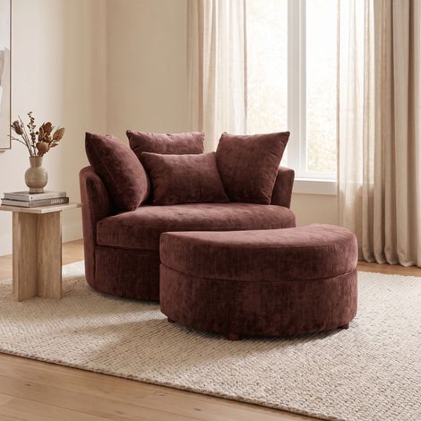 Fauteuil rond loveuse pivotante + coffre en tissu chenille terracotta (1/5)