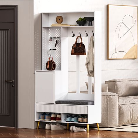 Mueble recibidor perchero de MDF blanco con 4 ganchos, banco y almacenaje, medidas 100 x 35 x 180 cm (1/5)