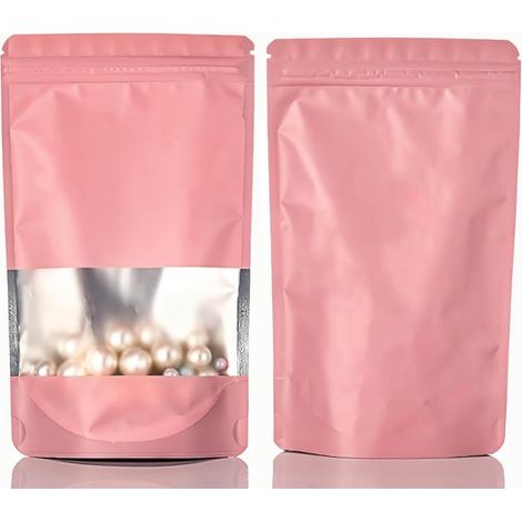 Paquete de 50 unidades，Bolsas resellables con base plana，Bolsas de plástico para alimentos con cierre de cremallera，Rosa，16 x 24 cm (1/5)