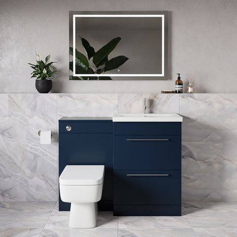 Napoli 390 Deep Blue 1100mm 2 Drawer Vanity Unit Toilet Suite with Glide Basin - 1100mm - Chrome 320mm HandleWith Kingston Toilet Pan and Seat
