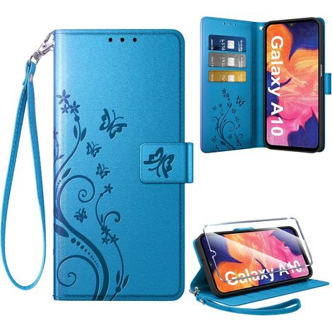 Coque pour Samsung Galaxy A10 + 1 Verre Trempé, Retro Design Housse Premium en Cuir PU Pochette de Portefeuille pour Porte Cartes Fonction Stand Flip Etui pour Samsung A10, Bleu (1/5)