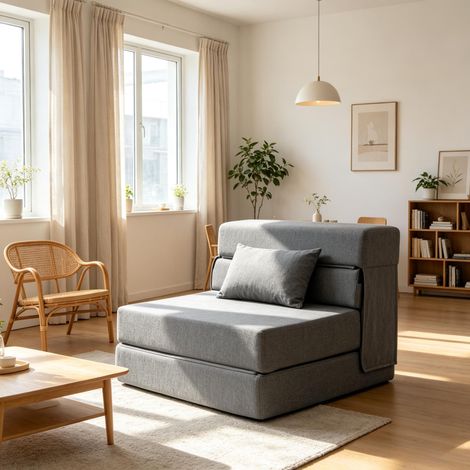 Ce canapé-lit une place, pliable et doté de coussins, est idéal pour recevoir des invités, pour les salons et les petits espaces. Il supporte jusqu'à 120 kg (un seul canapé-lit une place). (1/5)