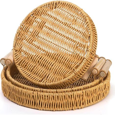 Vassoi rotondi in vimini con manici, cestini decorativi in vimini intrecciato, perfetti per decorare i tavolini da caffè (set da 3 pezzi) (1/4)