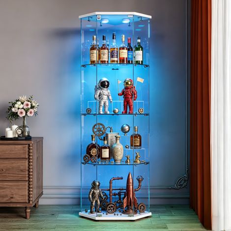 JOOKGBD-Vetrina d’angolo in Vetro con LED, Vetrina da Collezione, Armadio Vetrina per Collezione con 1 Anta e 4 Ripiani Trasparenti, Mobile in Vetro, Bianco