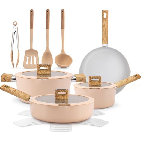 Ensemble de Cuisine Céramique 14 Pièces Induction – Batterie de Cuisine Antiadhésive Aluminium Bec Verseur Couvercles en Verre Drainage Poignées Effet Bois Rose (1/5)