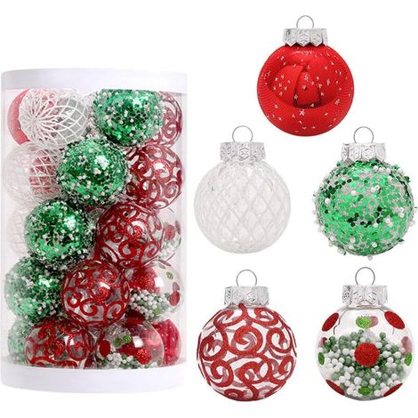 Lot de 25 boules de Noël rouge, vert et blanc de 6 cm, incassables, décorations sapin, fêtes et mariages (1/5)