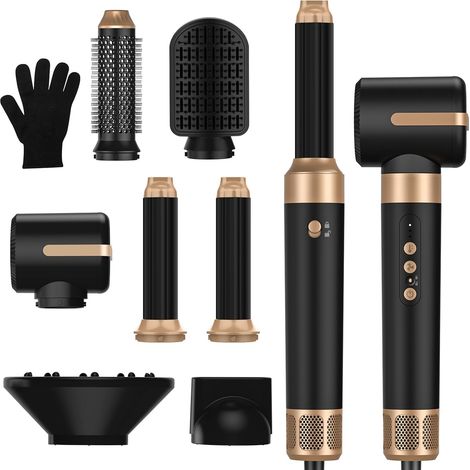 Sèche Cheveux Air Styler 7 en 1,1400W Seche -Cheveux avec Diffuseur Fer à friser, brosses de coiffage pour séchage, boucler, lisser, coiffer, moteur 110 000 tr/min, séchage rapide (1/5)
