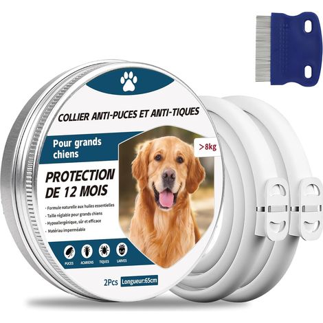 2 Pcs Collier Anti Puces pour Chien, 65cm Réglable Collier Anti-Puces et Tiques pour Chiens et Imperméable, 8 Mois Protéger (Gros Chien) (1/5)
