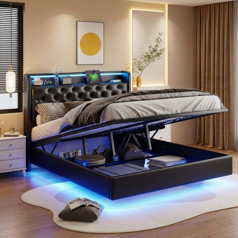 Letto contenitore 140 x 200 cm con rete a doghe, sistema idraulico, vano contenitore, testiera con porta USB, stile contemporaneo in PU, nero