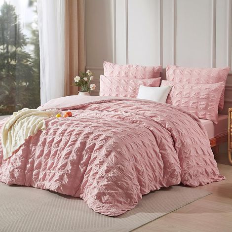Parure de lit en seersucker - Housse de couette 135 x 200 cm - Rose - Pour l'été - Rafraîchissante - Motif uni - Respirante - Légère - Housse de couette simple et taie (1/5)