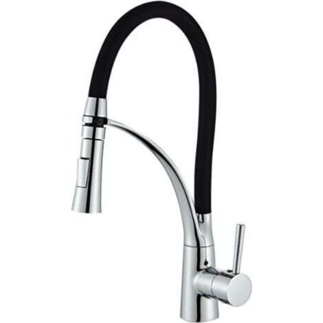 Robinet de Cuisine, Flexible Bec Pivotant à 360° et Tuyau en Silicone Noir Mitigeur Cuisine, avec Douchette Extractible et Pulvérisateur Double Fonction, Froid & Chaud Disponible, Laiton Chro (1/5)