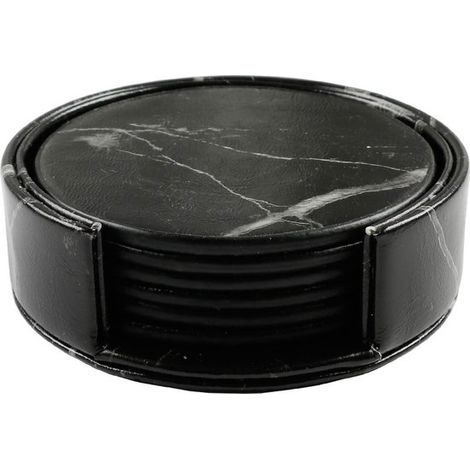 6 pièces - Sous-verres en cuir avec support aspect marbre - Sous-verres ronds pour verres - Protection de table - Support inclus - Noir