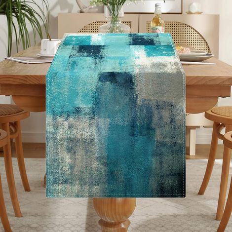 Chemin de table moderne bleu-vert - En lin - Style bohème - Lavable - Style maison de campagne - Table Runner - Décoration de table pour les fêtes - Résistant aux intempéries - 40x180 (1/5)