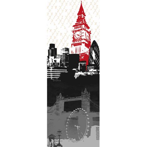 Papier peint panoramique Londres noir & rouge | Tapisserie panoramique ville moderne pour salon | Papier peint panoramique chambre ado & couloir - 280 x 100 cm (1 pièce) (1/2)