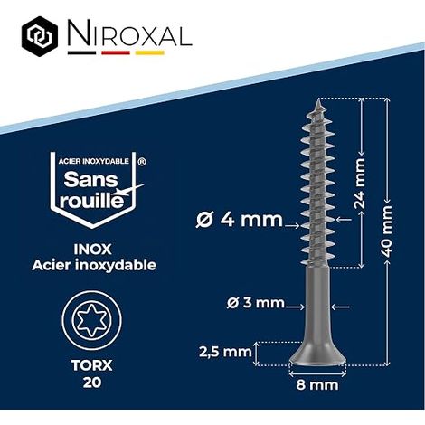 Vis à bois inox A2 V2A H2 Torx TX tête fraisée 90° filetage total 4x40 mm (1/4)