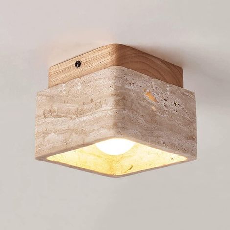 Plafonnier en Travertin Jaune Naturel Carré Bois Lampe de Plafond Vintage Luminaire au Plafond pour Chambre Salon Cuisine Couloir (1/5)