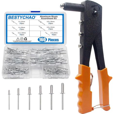 Kit de pistolet à riveter, riveteuse manuelle avec 160 rivets pop 2,4 mm, 3,2 mm, 4 mm, 4,8 mm, outil de rivetage (1/5)