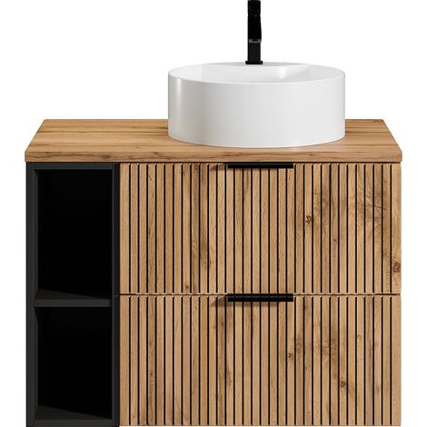 Meuble de salle de bain suspendu strié avec niches et vasque à poser ronde - Naturel clair - L80 cm - MADELA (1/4)