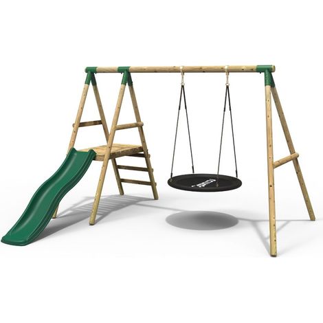 Rebo Rosetta Wooden Garden Swing Set with Platform and Slide for Kids- Green