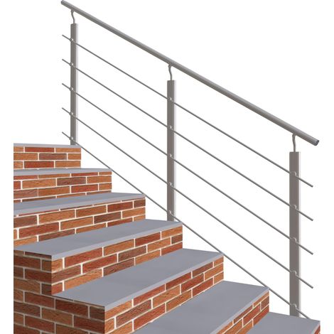 Garde-corps - Intérieur et extérieur - Aluminium argenté - Avec 5 traverses et 1 main courante - 200cm - Rampe d'escalier pose latérale