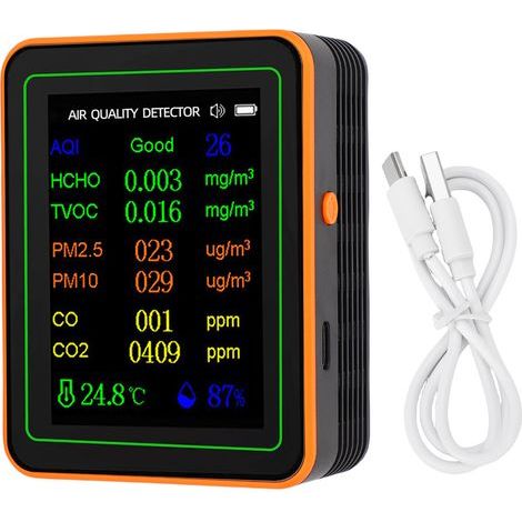 Détecteur de qualité de l'air, indice CO2 TVOC HCHO PM2.5 PM10, testeur de température et d'humidité, affichage couleur TFT, visualisation des courbes, noir, Orange (1/5)