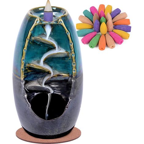 Porte-encens à reflux en céramique, brûleur d'encens cascade, avec 70 cônes d'encens à reflux, ornement d'aromathérapie pour la décoration intérieure, ensemble bleu (1/5)