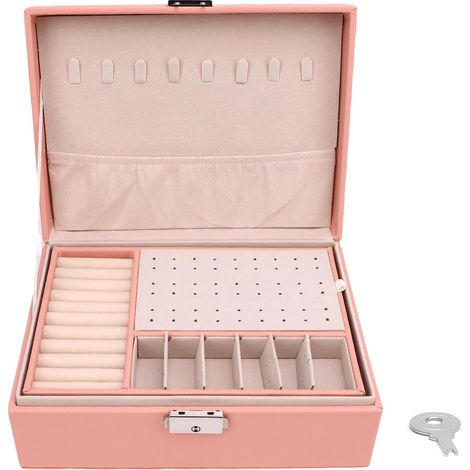 Rose Verrouillable Bijoux Boîte de Rangement, 2 Couche en Cuir élégant en Cuir Synthétique Bijoux Organisateur Cas pour Montre, Bague, Boucle D'oreille, Collier, 9.1x6.7x3.5 (1/5)