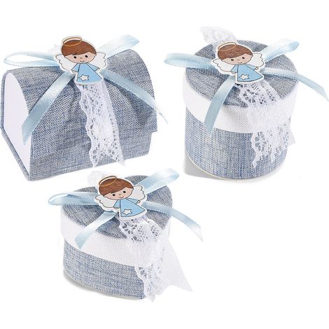 Scatoline bomboniere in stoffa con decorazioni in legno angioletto e fiocchetti azzurri per bambini, set da 18 pezzi, cm 7 x 4,5 x 5 H