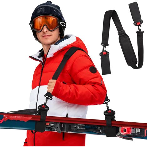Sangle de transport pour skis, réglable et antidérapante, avec épaulette et boucle, porte-skis et porte-bâtons, noire (1/5)