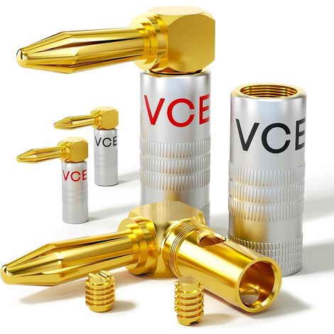 2 Paires Fiches Banane 90 Degrés, Plaquée Or 24K, 2 Paires Adaptée aux Espaces Restreints, 4 mm Banane Connecteurs Coudées Enceintes pour HiFi Haut-Parleur, Amplificateur (1/5)