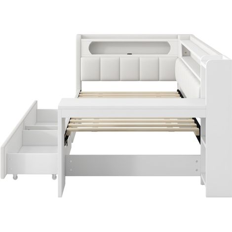 Cama capitoné 90 x 200 cm con USB, LED 7 colores, escritorio y 2 cajones, blanca MODENUIT (1/5)