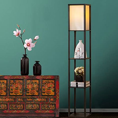 Lampe sur pied avec étagère en bois 1,6 m (ampoule incluse) noir (1/4)