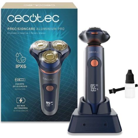 Cecotec Afeitadora Rotativa PrecisionCare Aluminium Pro. Autonomía 80mins, Pantalla LCD, Cuchillas de Titanio, 8000rpm, Resistente al Agua IPX6, Tecnología Doble Cuchilla, Base de Carga (1/5)