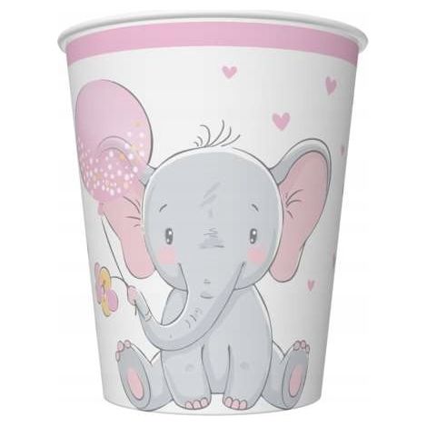 Bicchieri di carta con motivo ELEFANTE, rosa, 250 ml, confezione da 8 pezzi.