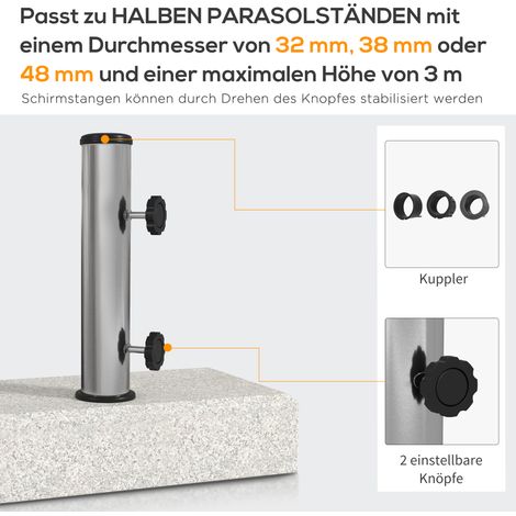 Socle de parasol 25 kg, base en granit pour mâts Ø32/38/48 mm, gris (1/4)