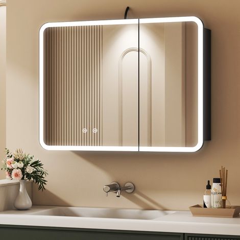 80x60cm Schwarz Spiegelschrank Bad mit Beleuchtung Spiegelschrank mit Beleuchtung Badezimmerschrank mit Spiegel Hängeschränke Medizin Kabinett mit 3 Einstellbare Lichtfarben, Beschlagfrei (1/5)